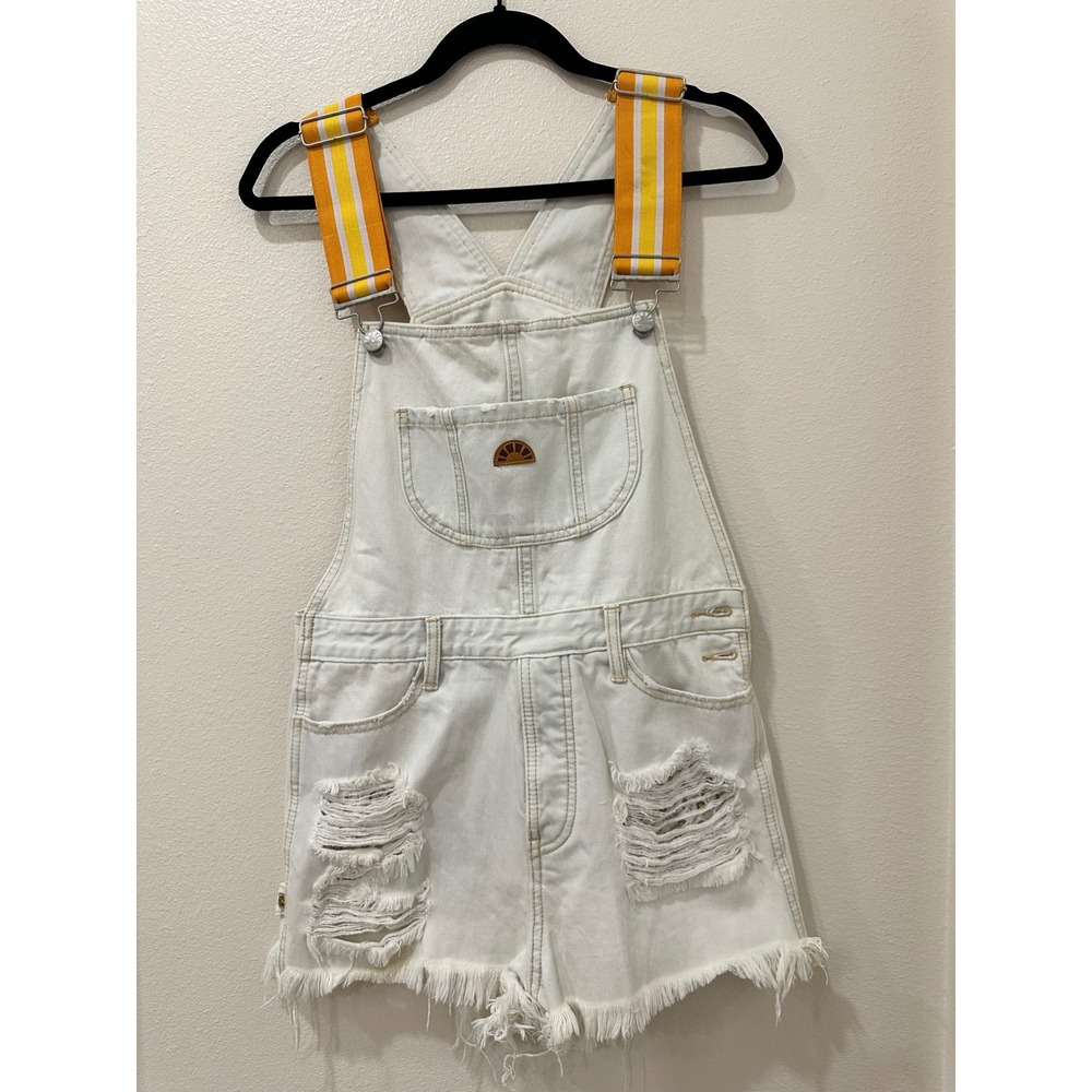 C&C California Robin White Distressed Denim Shortalls Orange Striped Straps S
